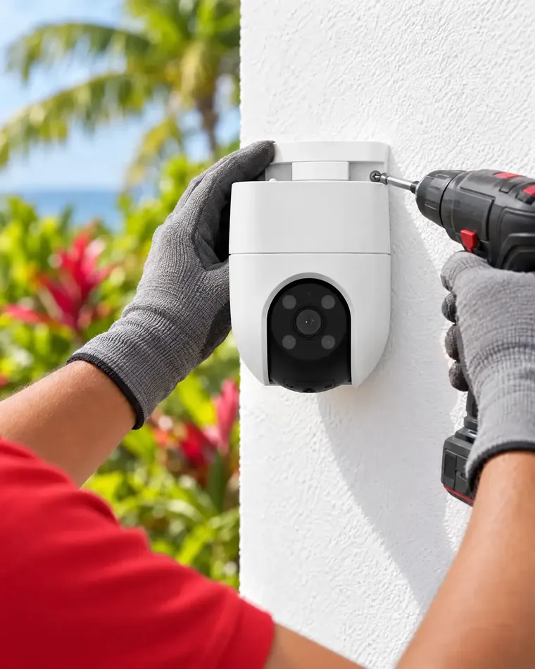 Técnico instalando una cámara de seguridad