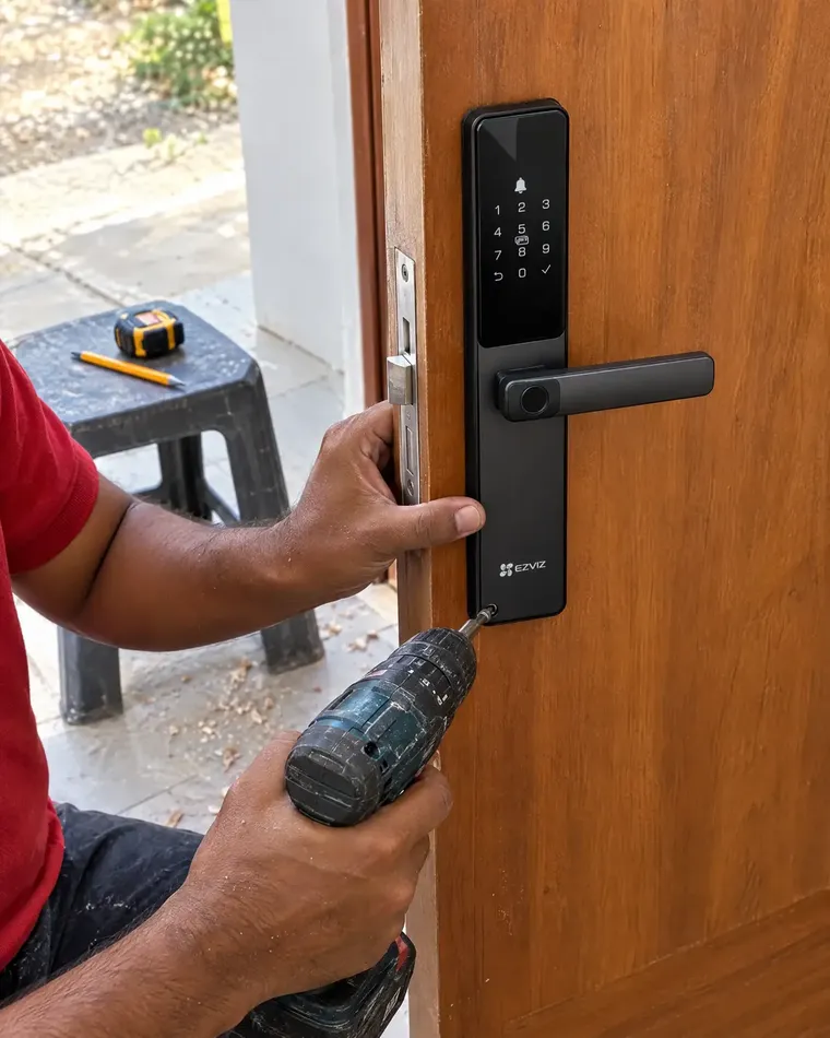 Técnico instalando una cerradura inteligente