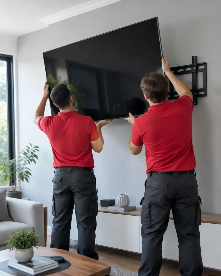Dos técnicos montando un televisor en la pared