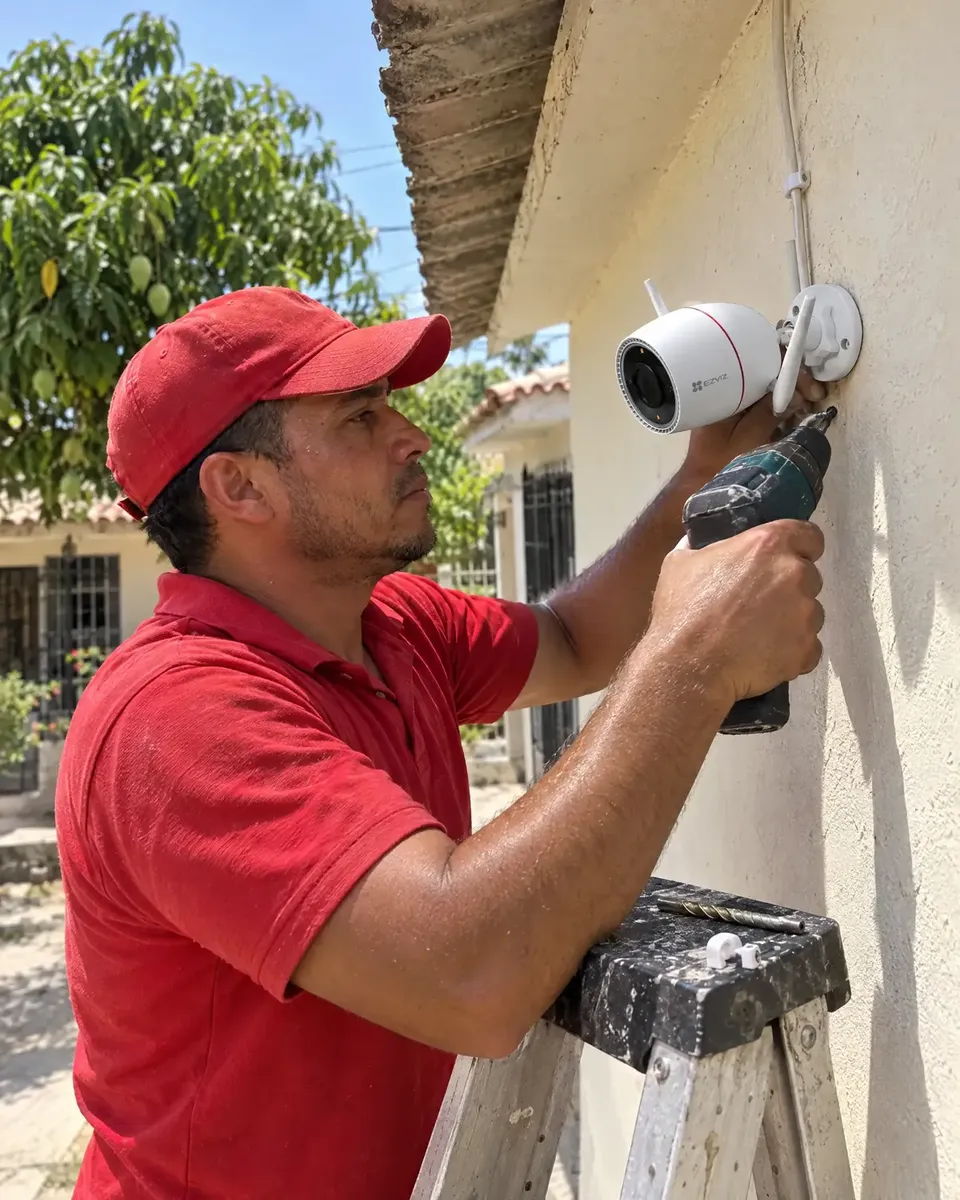 Socio instalador instalando una cámara en una fachada